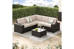 Jing's Villa 6-Piece Patio Furniture Set, All-Weather Outdoor Wicker Sectional Sofa with Cushions, Glass Table & Left and Right Armrest, Rattan Conversation Seating for Porch, Garden, Backyard,Beige