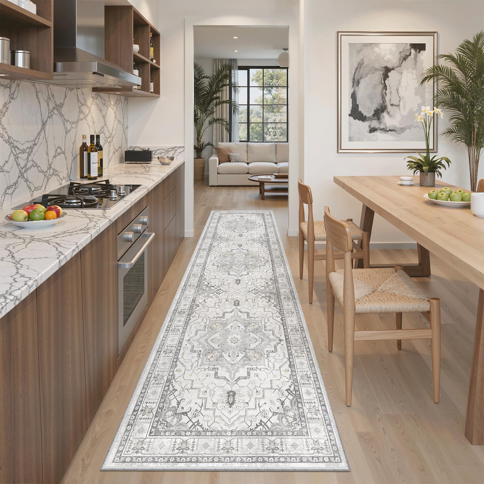 Photo 1 of Madane Runner Rug 2x8, Washable Hallway Runner Rugs, Non-Slip Low-Pile Soft Kitchen Rug Runner Laundry Room Rug, Vintage Throw Entry Foyer Mat for Entrance Living Room (Grey, 2 x 8)