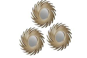 Relaxdays Set of 3 Mirrors, Round Suns, Lounge & Hallway, Decorative, Ø 25 cm, Wall Mounted, Plastic Frame, Gold