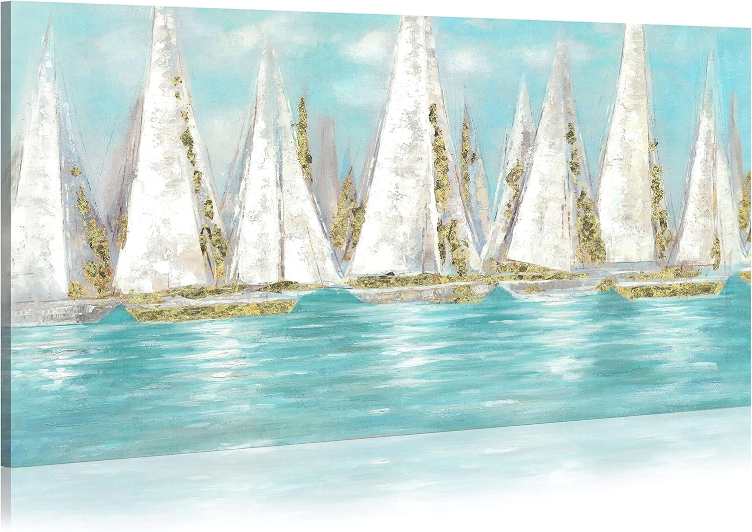 Paintings - WALLSUP DECOR Ocean Sailboat Canvas Wall Art - Hand Painted Textured Gold Foils Picture Artwork Large Painting for Living Room (48 x 24)