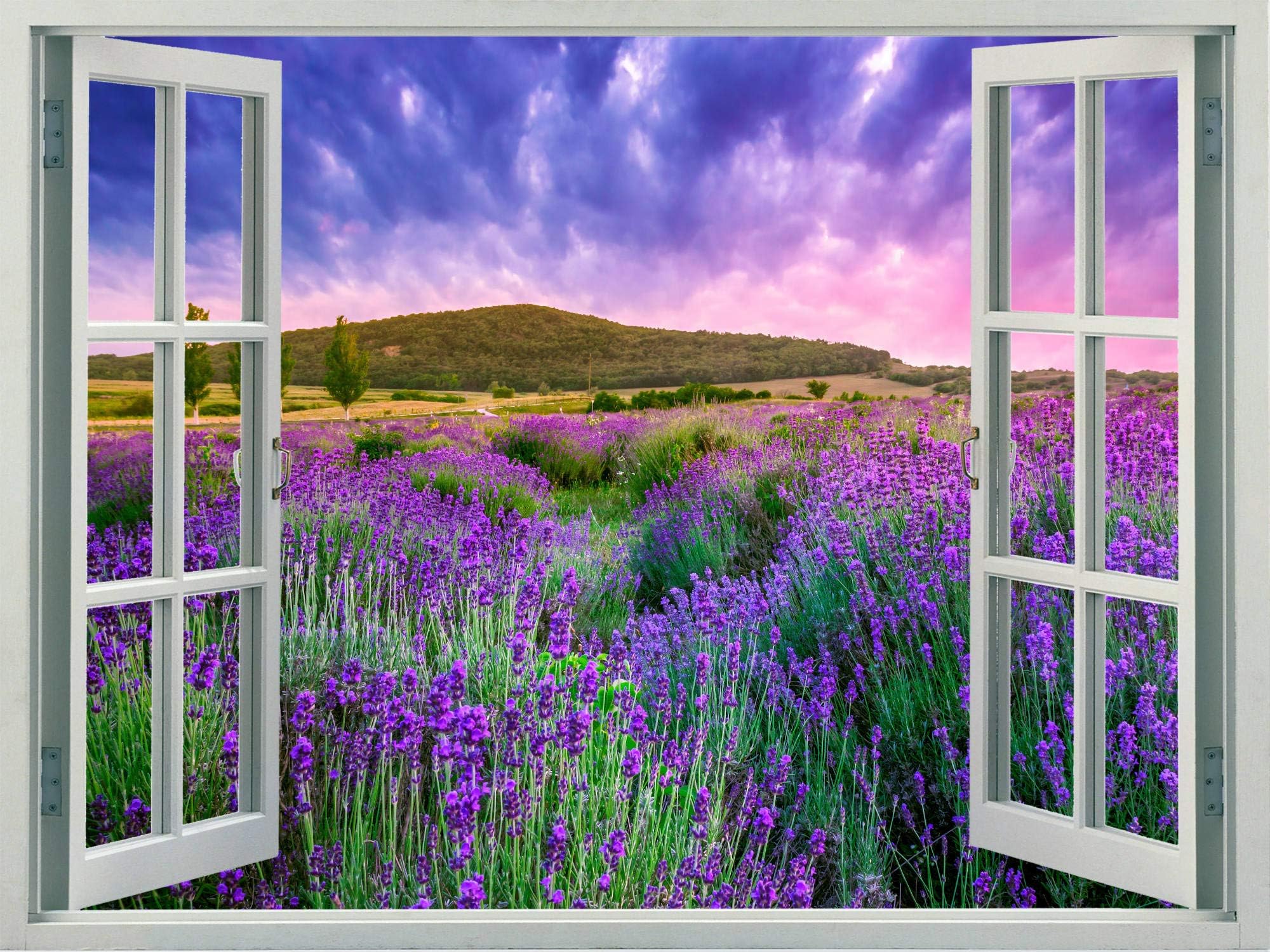 Walls 360 Peel & Stick Faux Window Wall Decal: Sunset Over Lavender Field (24 in x 18 in)
