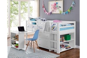 Naomi Home Twin Size Loft Bed with Storage, Desk, Cabinet Ladder, Low Study Pine Wood for Kids, Safety Guard Rails, Bookcase Shelf, White