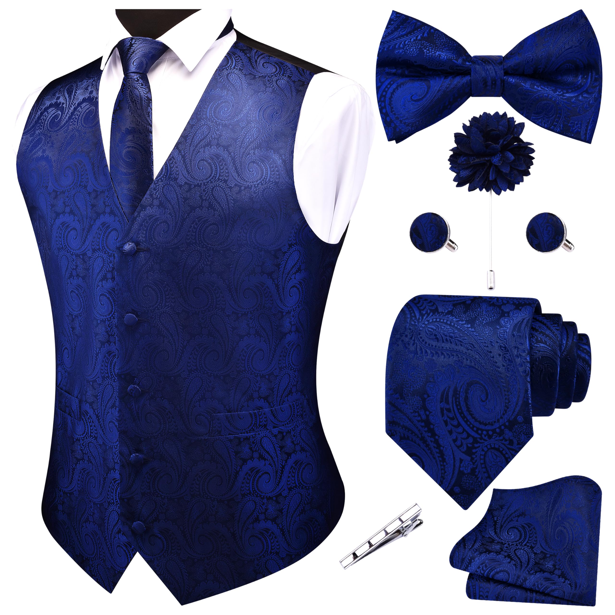 GUSLESON Navy Blue Vest Paisley Suit Vest Tie and
