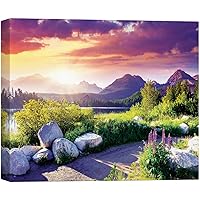 SIGNWIN Canvas Wall Art Orange Sunrise in Purple Sky Over Blue Mountain, Lake and Pathway Landscape Wilderness Realism Modern Panoramic Colorful for Living Room, Bedroom, Office - 12x18 inches