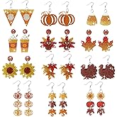 Y1tvei Fall Glitter Acrylic Earrings - 12 Pairs Fall Leaf Turkey Maple Pumpkin Sparkly Aesthetic Drop Dangle Stud Colorful Autumn Earring Ear Decor Jewelry Accessory Holiday Gift for Women Girls Party