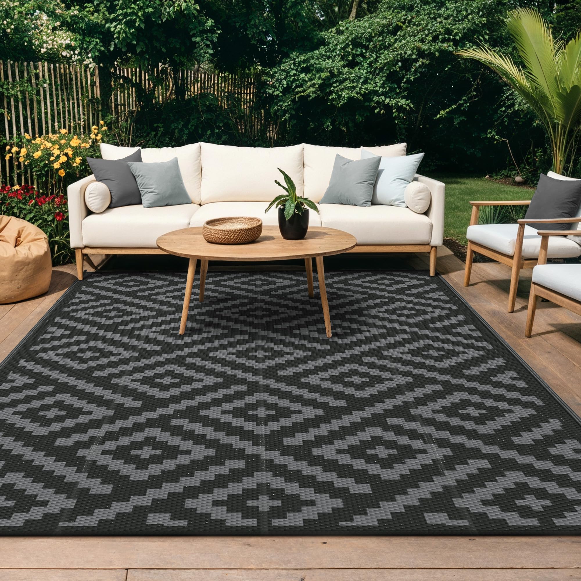 GENIMO Outdoor Rug Garden Rugs Waterproof Reversible Recycled Outdoor Carpet Washable UV Resistant Modern Area Rugs for Patios, Picnic, Backyard, 120 * 180cm, Black & Grey (Polypropylene)