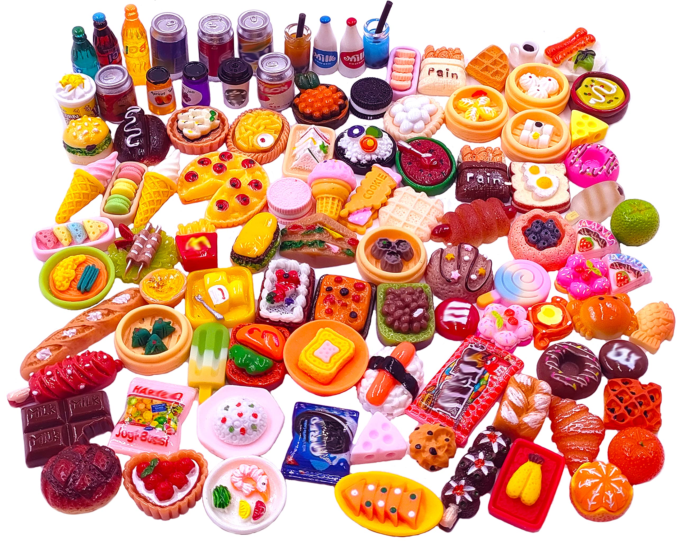 Photo 1 of 100pcs Miniature Food Drinks Bottle Toys Dollhouse Mixed Resin Accessories for Adults Kids Kitchen Accessories for Pretend Play (Hamburger, Pizza,Cake,Ice Cream,Bread)