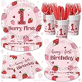 Berry First Birthday Tableware Decorations,Strawberry 1st Birthday Party Supplies for Girls,Strawberry Sweet One Themed Decor Disposable Plates,Napkins,Cups,Forks Knives,Serve 24