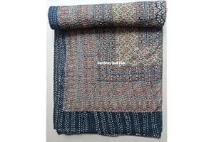 SAMBHAV QUILT HUB Hippie Queen Ajrakh Kantha Quilt Handmade Bohemian Bedspread King Size Vegetable Dye Kantha Blanket Bedcover Boho Quilting Indigo Print Ajrakh Cotton Quilt 90X108 inch