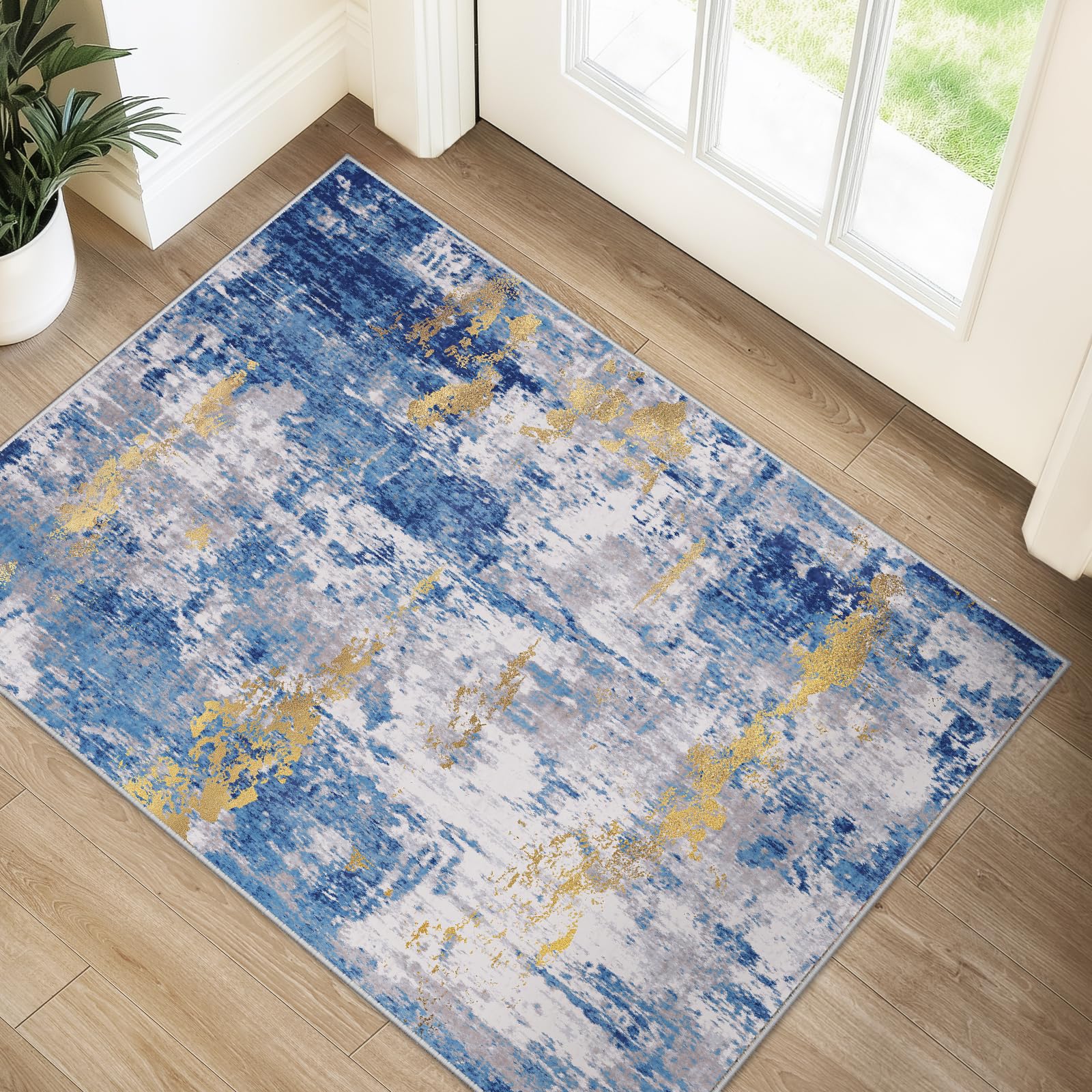 RELEANY Washable Area Rugs 2'x3' Non-Slip Modern Abstract Soft for Living Room Entryway Bedroom Nursery, Print Pattern, Grey Blue Gold/Golden Image