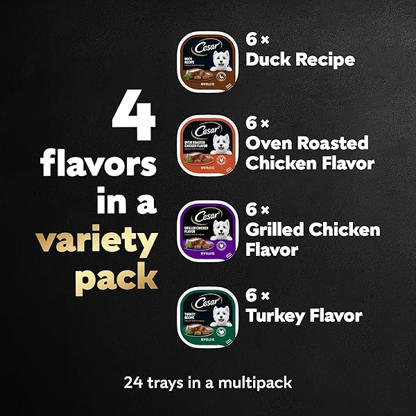 CESAR WET DOG FOOD CLASSIC LOAF IN SAUCE, DUCK RECIPE, OVEN ROASTED CHICKEN FLAVOR, GRILLED CHICKEN FLAVOR, AND TURKEY FLAVOR, 3.5 OZ. EASY PEEL TRAYS, VARIETY PACK, 24 COUNT
