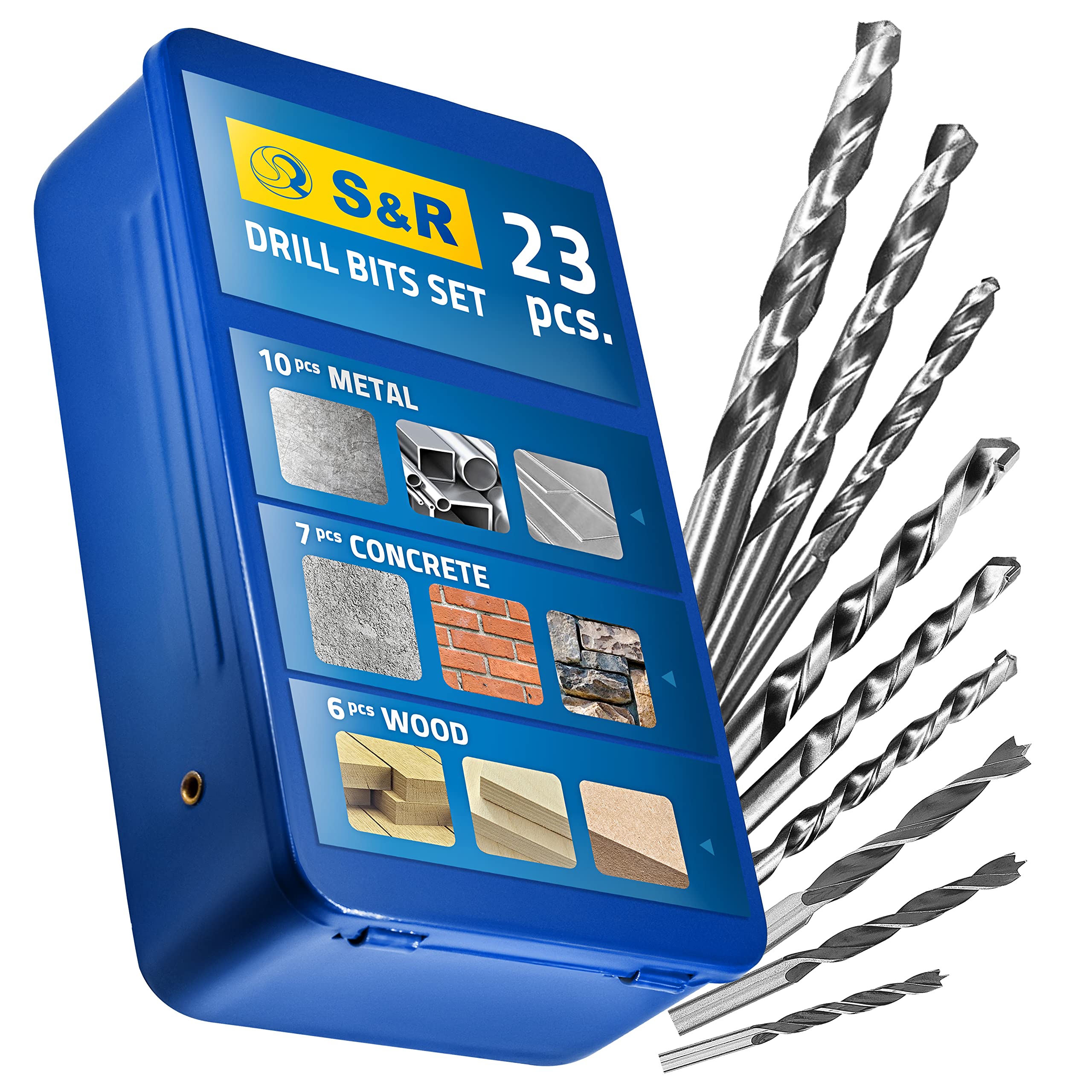S&R 23-Piece Drill Bit Set – HSS M2 Steel & Carbide-Tipped Bits for Wood, Metal & Concrete | Organized in a Durable Metal Box