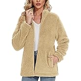 MAGCOMSEN Winter Coats for Women Sherpa Jacket Zip Up Fleece Lined Fuzzy Teddy Coat Casual Fall Stand Collar Khaki,S