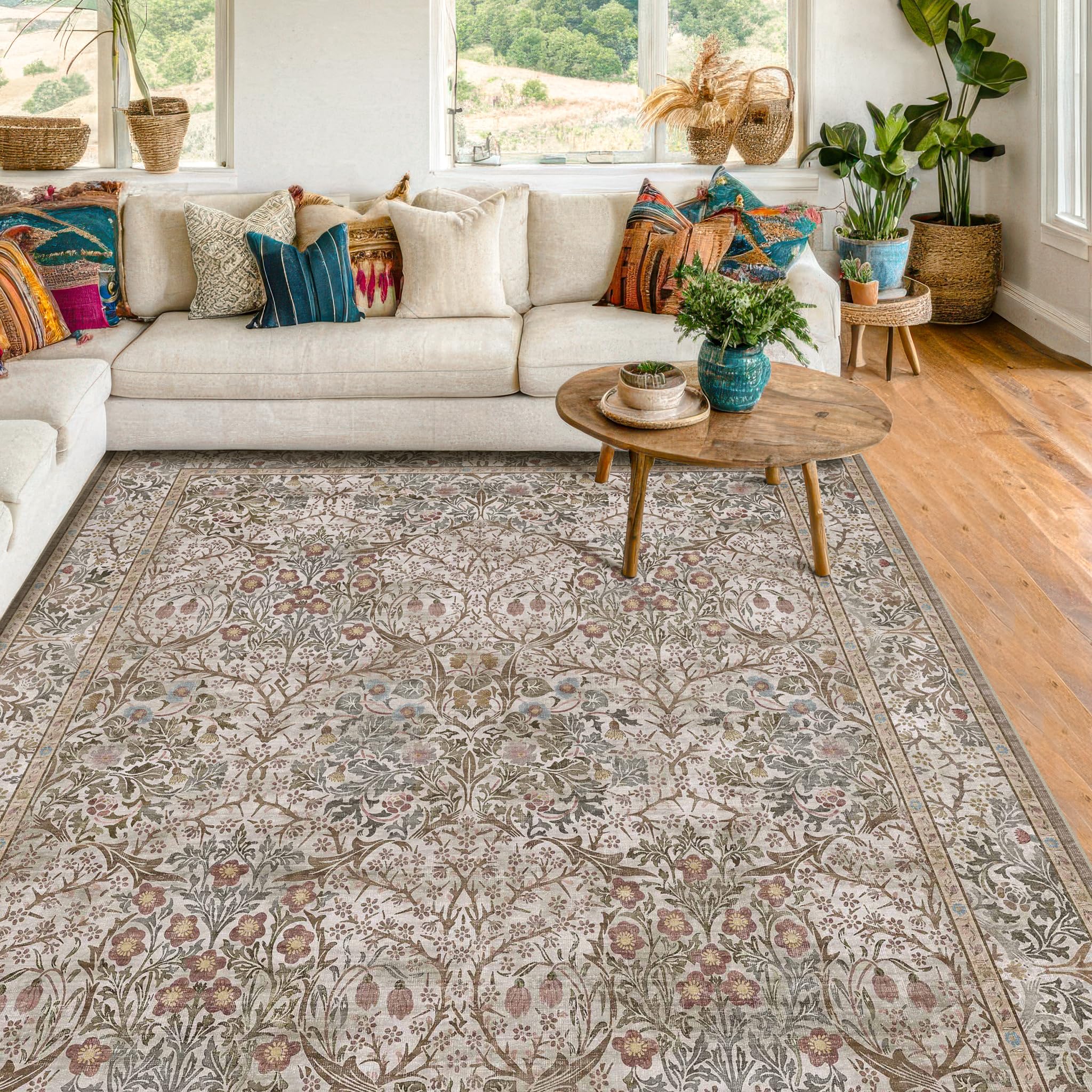 Photo 1 of 5x7 Washable Moss Green Oriental Area Rug for Living Room - Dining Room Rugs for Under Table, Home Office, Low Pile Non-Slip Floor Carpet for Bedroom - Vintage Brown Design & Stain Resistance