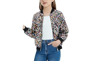 EXARUS Girls Sparkle Sequin Jacket with Pockets Glitter Lightweight Zipper Long Sleeve Bomber Jackets for Kid 6-12Y