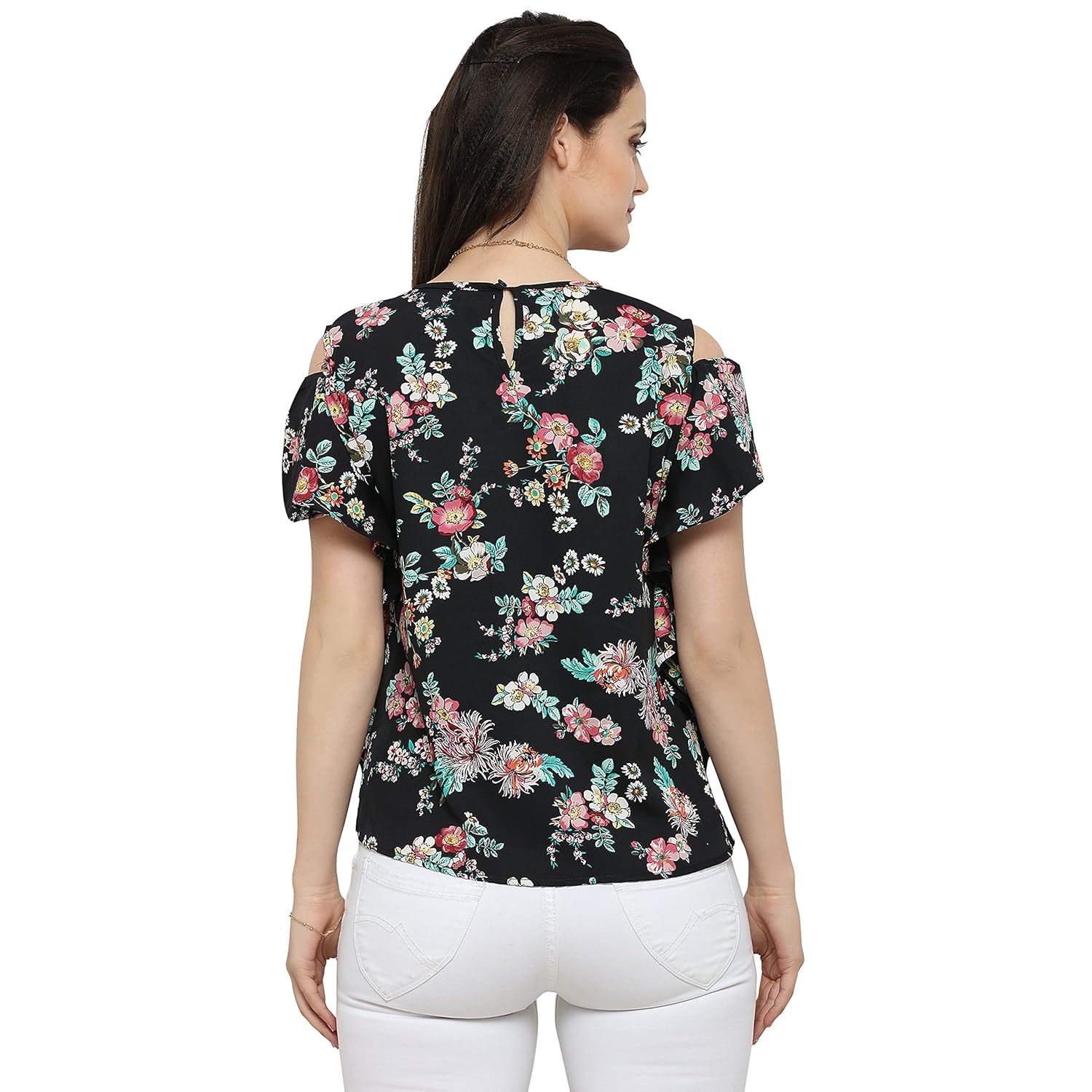 serein women's top (black printed crepe top with cold shoulder and ruffles)