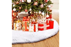 TOBEHIGHER Christmas Tree Skirt - 48 Inches Large Snowy White Faux Fur Tree Skirt with Silver Snowy Pattern for Christmas Decorations, Perfect