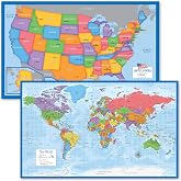 2 Pack - USA Map for Kids + Blue Ocean World Map (LAMINATED, 18" x 29")
