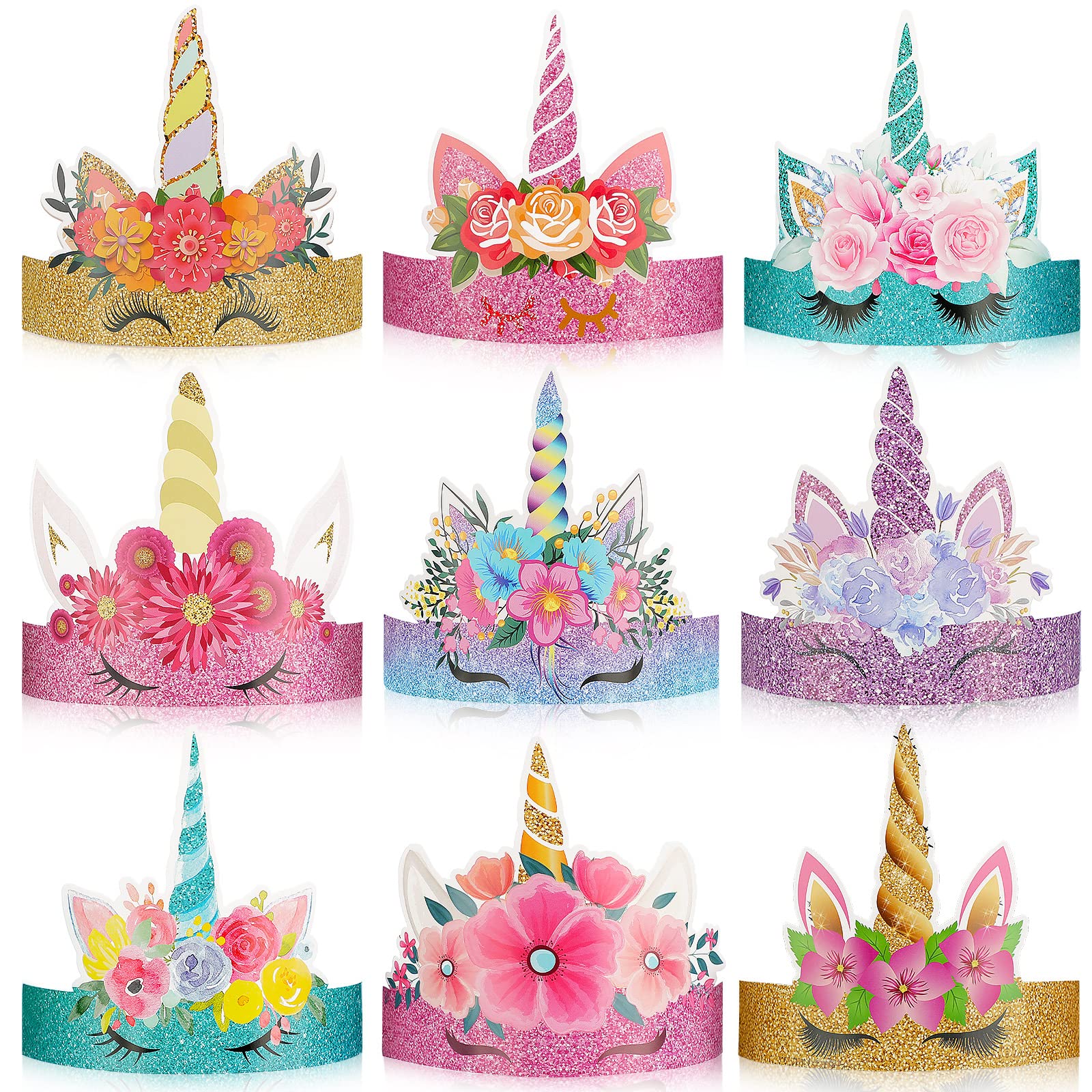 Photo 1 of Gersoniel 24 Pcs Birthday Party Hats Paper Party Crown Headbands for Boys Girls, Princess Dress up Theme Decorations Favor Supplies Headbands(Unicorn)