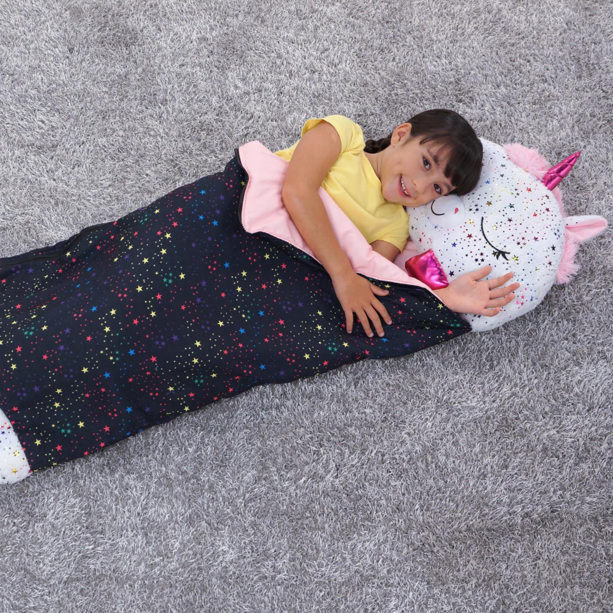 Happy Nappers Pillow & Sleepy Sack- Comfy, Cozy, Compact, Super Soft, Warm, All Season, Sleeping Bag with Pillow- Medium 54” x 20”, Shimmer Unicorn