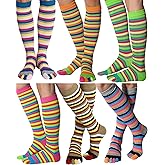 Bonuci 6 Pairs Rainbow Toe Socks Christmas Women Cotton Knee High Toe Sock Separated Striped Pride Long LGBT Sock