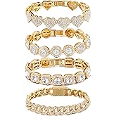 shopbyskyler 4PCS Gold Bracelets for Women Silver Clustered Tennis Bracelet for Women Heart Round Diamond Cuban Bracelet Layered Link Bracelet Set Fashion Jewelry for Women Set