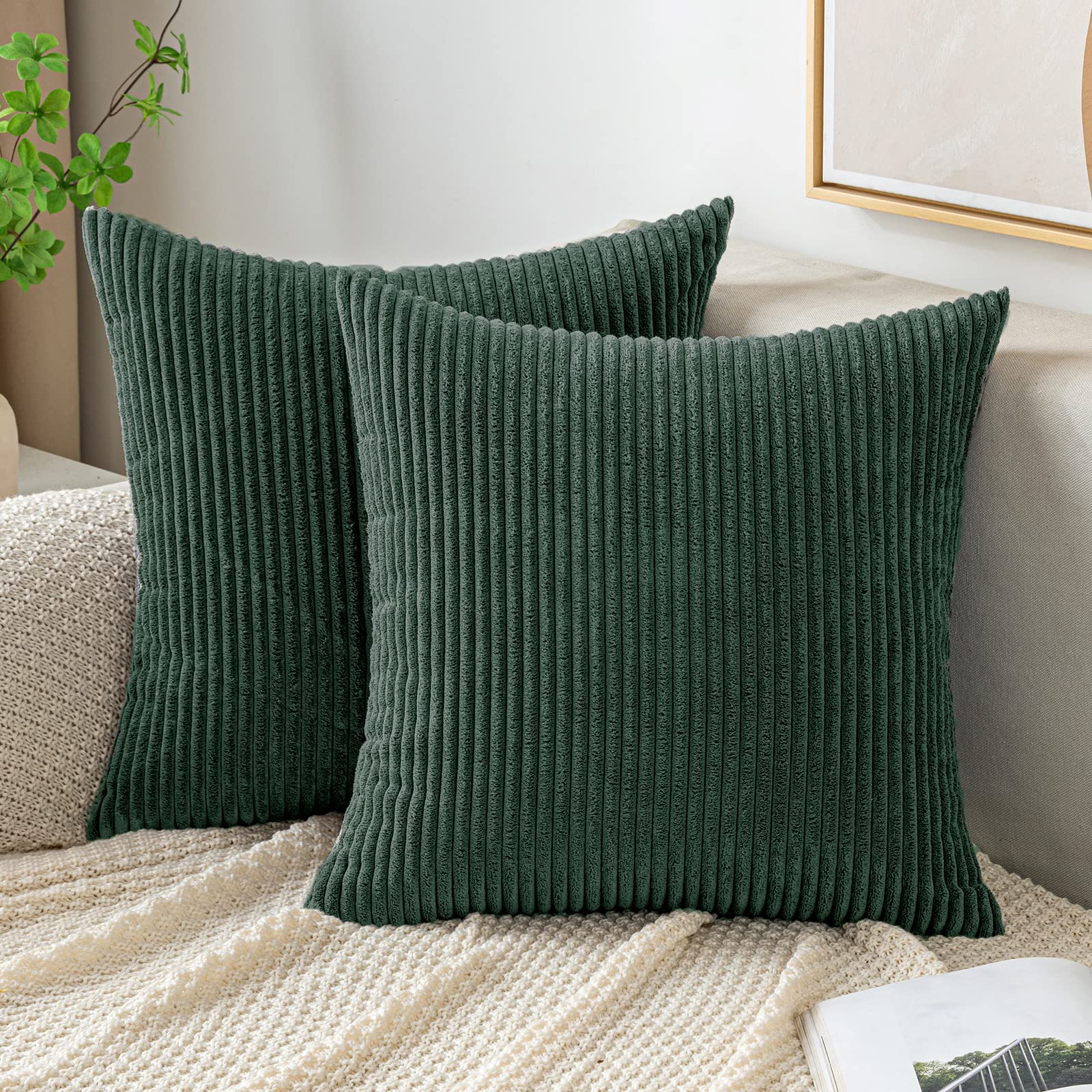 EMEMA Cushion Covers Corduroy Square Throw Pillow Covers Striped Soft Sham Home for Sofa Couch Bedroom Decorative Pillowcases 16x16 Inch 40x40cm Set of 2 Dark-green
