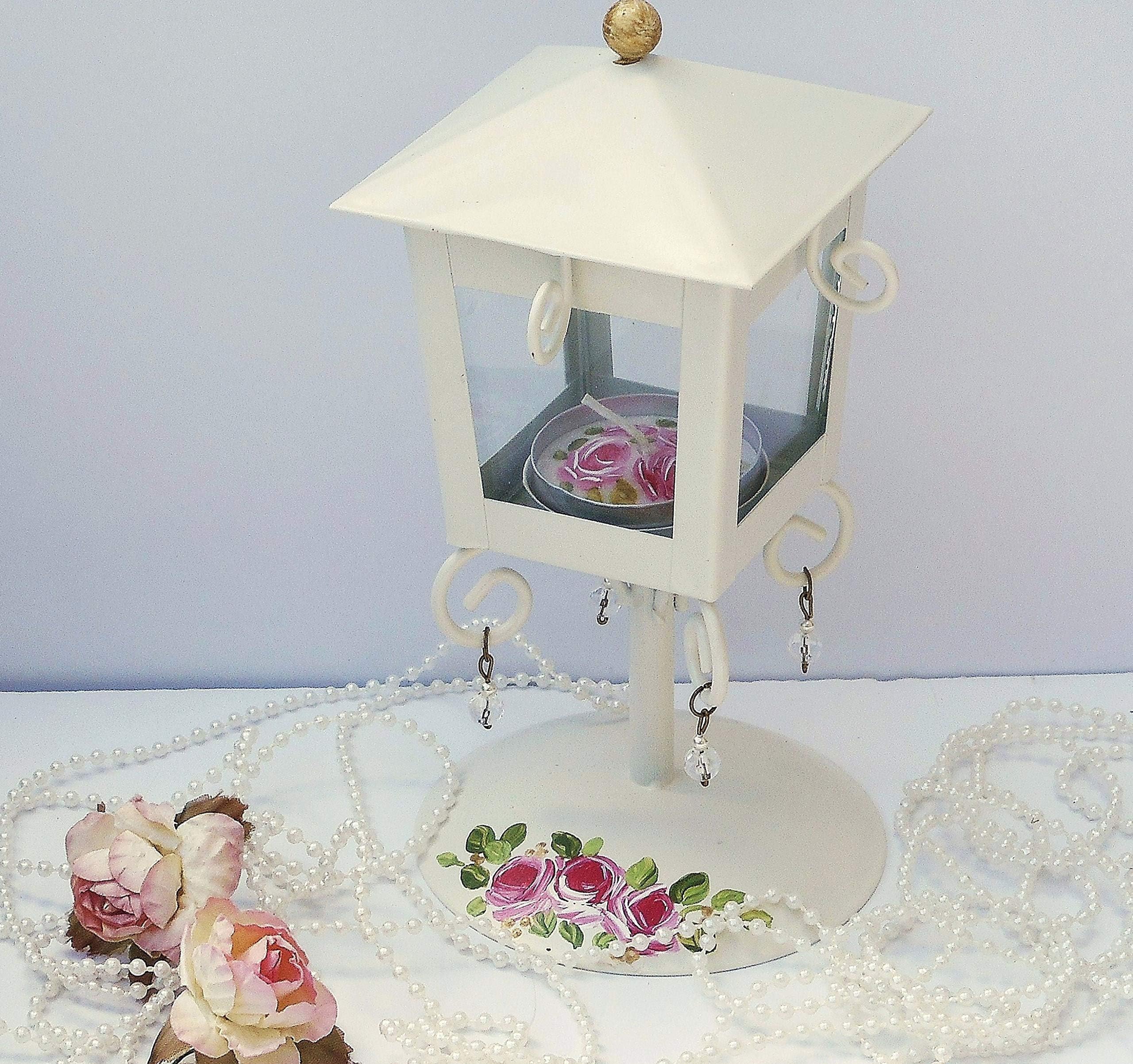 Ivory Metal Pedestal Mini Lantern Tea Light Candle Holder Set Hand Painted Roses Romantic Boho Shabby Chic Decor