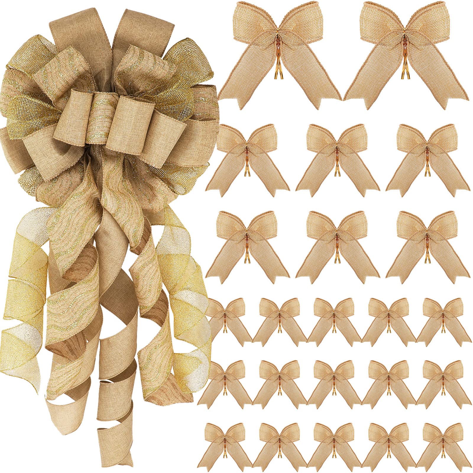 36 Pieces 3 Sizes Christmas Tree Topper Bow 12 x 34 Inch Large Christmas Wreath Bow Decoration Glitter Bow with Long Streamer for Christmas Tree Wreath Party Decoration (Linen Color)