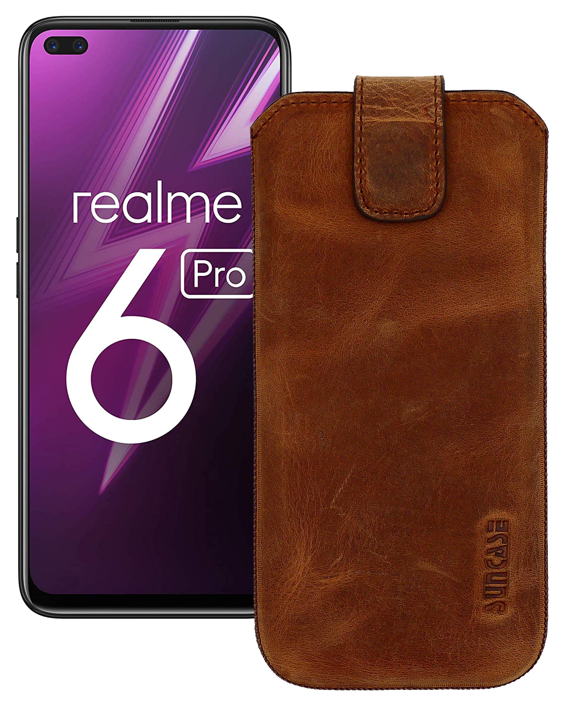 Suncase Case Compatible with Realme 6 Pro with Additional Case/Shell/Bumper Flap with Pull-Up Strap Leather Mobile Phone Case in Antique Coffee