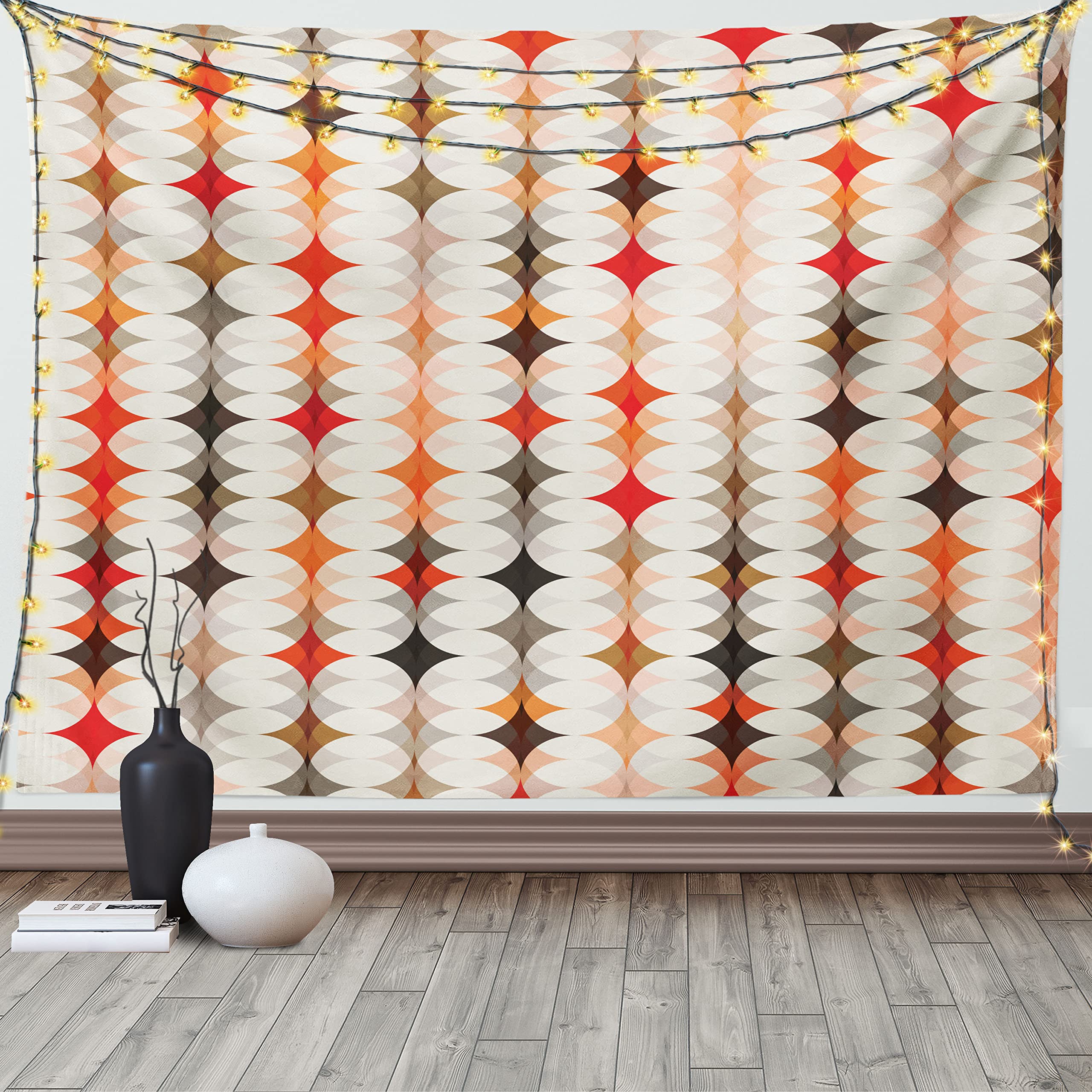 ABAKUHAUS Geometric Tapestry, Vintage Oval Pattern with Radiant Tone Effects Mosaic Illustration, Wall Hanging for Bedroom Living Room Dorm, 80 W X 60 L, Cream Peach Orange Red