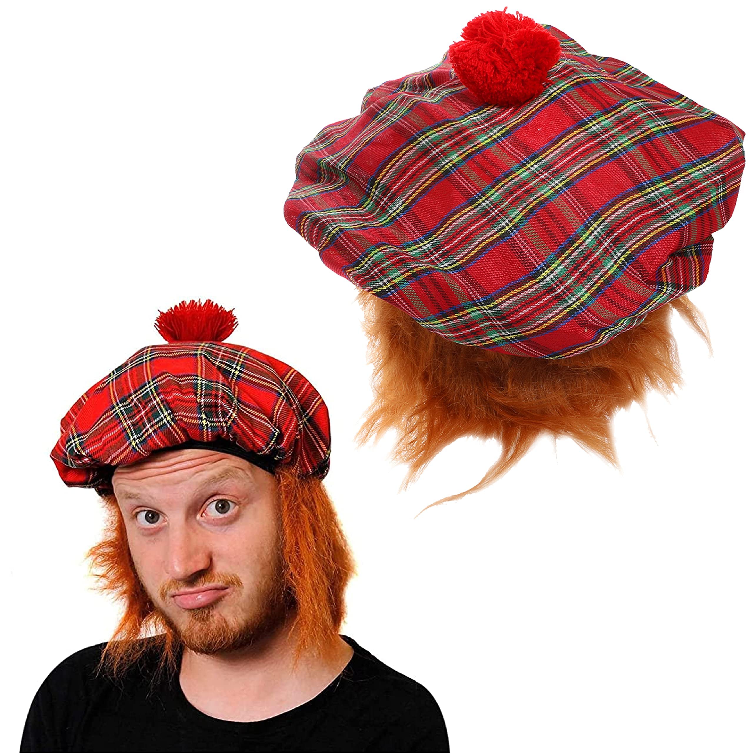 Adults Tam O' Shanter Hat - Pack of 1 - Red Adults Tartan Scottish Hat with Attached Ginger Hair - Scotland St Andrews Day Burns Night Fancy Dress Costume Accessory