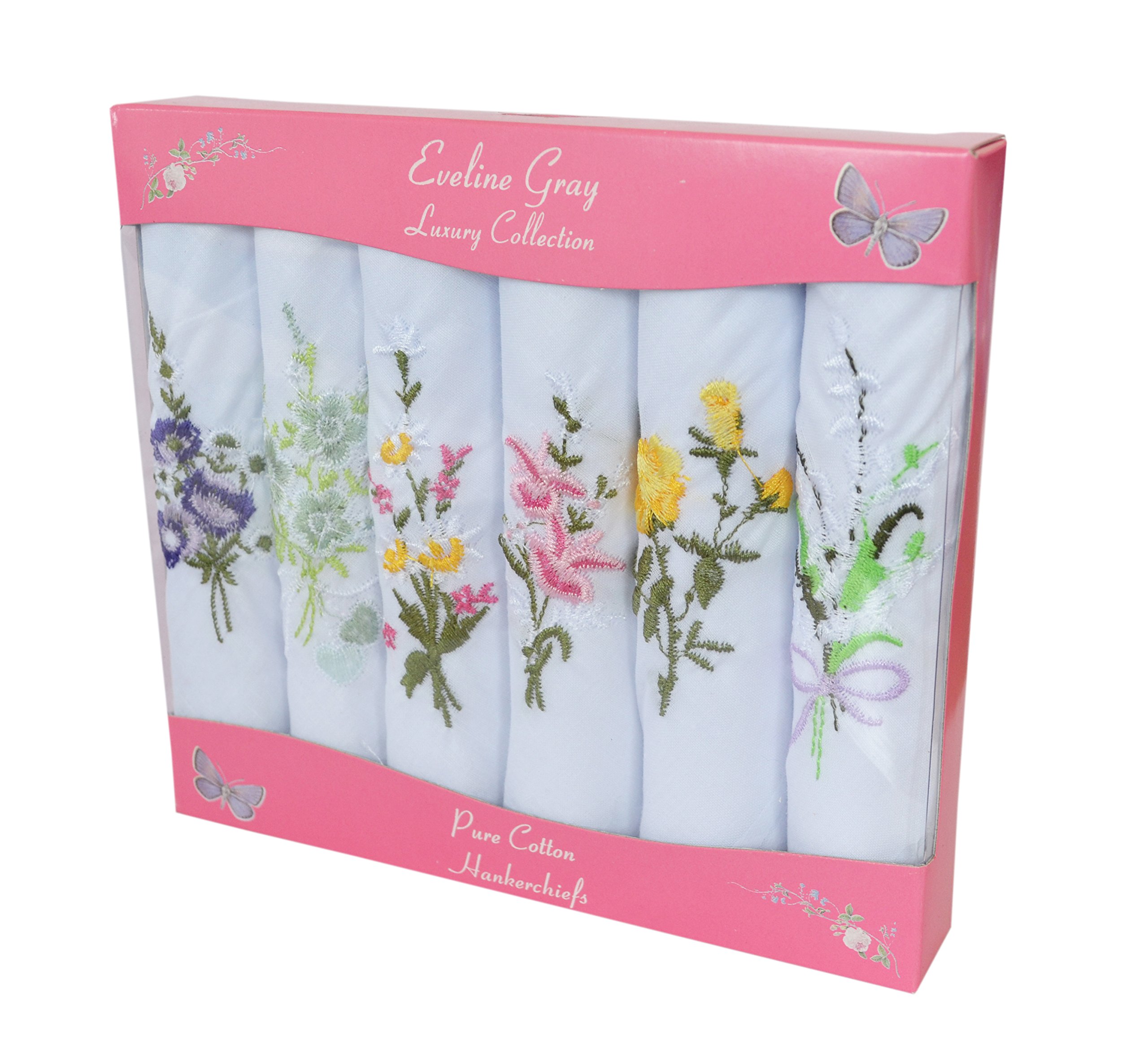 Handkerchiefs 6 Ladies Coloured And White Boxed Embroidered 100% cotton, 12ins / 30cm, White with floral design