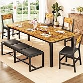 6-Piece Dining Table Set for 6-8, 63'' Long Kitchen Table Cushion Chairs Set with PU Bench and 4 Chairs, Rectangle Dining Table with Metal Frame &amp; MDF Board, Space-saving for Small Apartment, Rustic