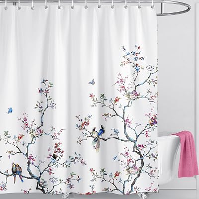 LIVETTY White Bird Floral Shower Curtain 180x180cm 12 Hooks Quick Dry