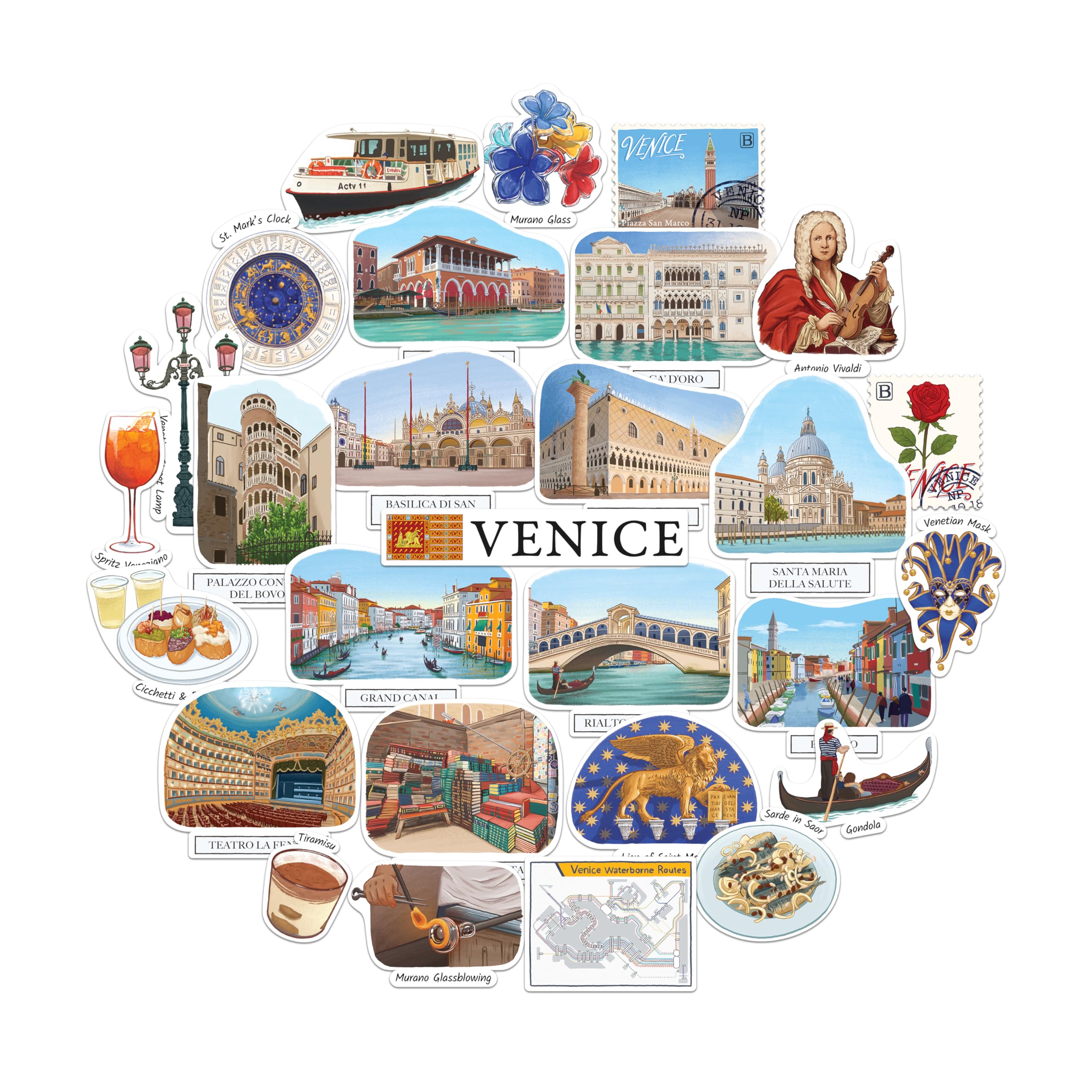 Navy Peony Velvety Venice Travel Stickers - Hand-Painted Gouache, Matte, Die Cut - for Journals, Scrapbooks (28-Piece Set)