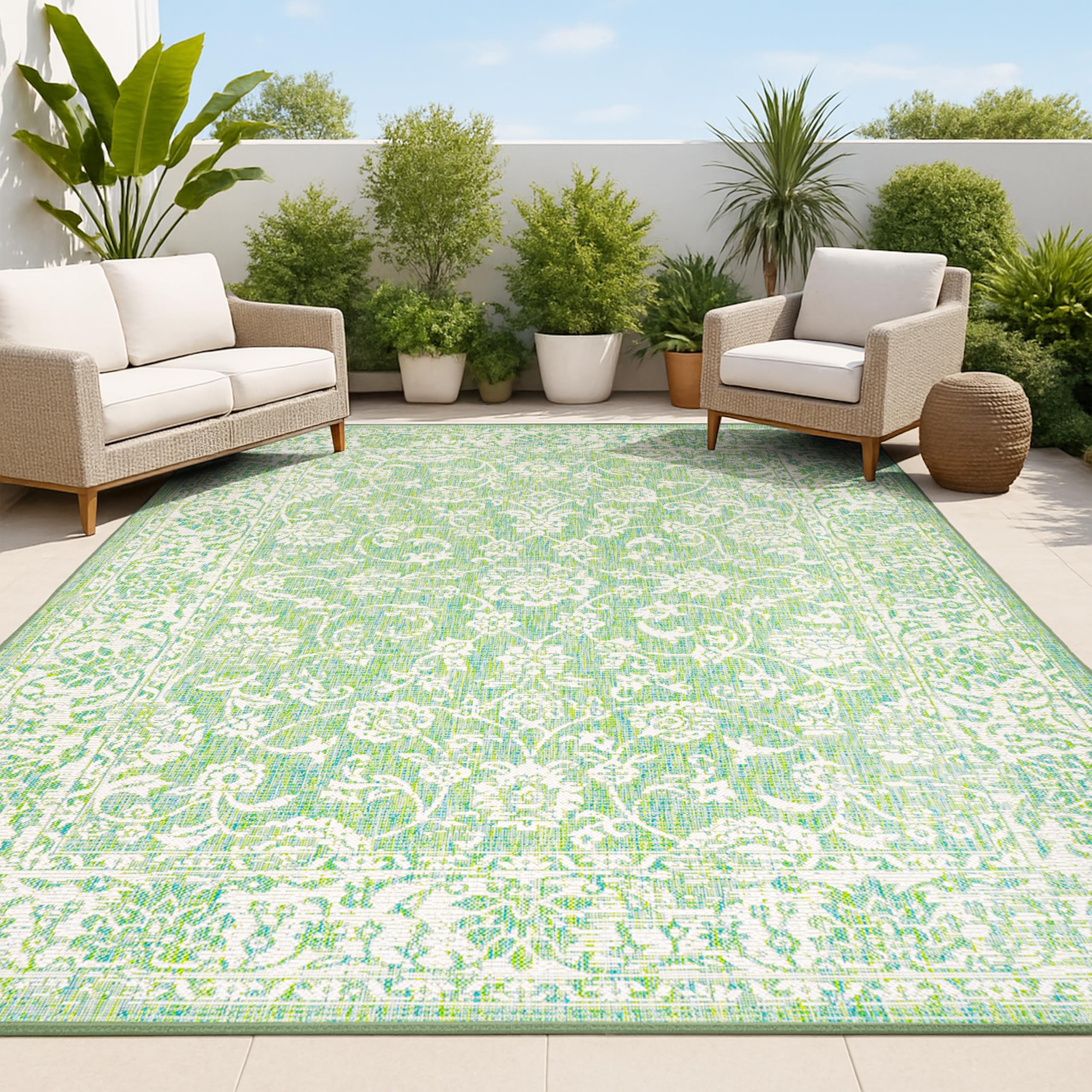 JONATHAN Y Weave Floral Indoor Outdoor Area Rug 9X12 Cream/Green, Tela Bohemian Textured for Backyard, Patio, Porch, Easy-Cleaning, High Traffic, Pet-Friendly, Non-Shedding (SMB100F-9) Image