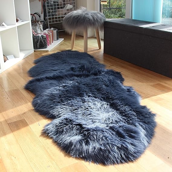 Navy Blue Sheepskin Rug Genuine Extra Thick and Soft Wool by