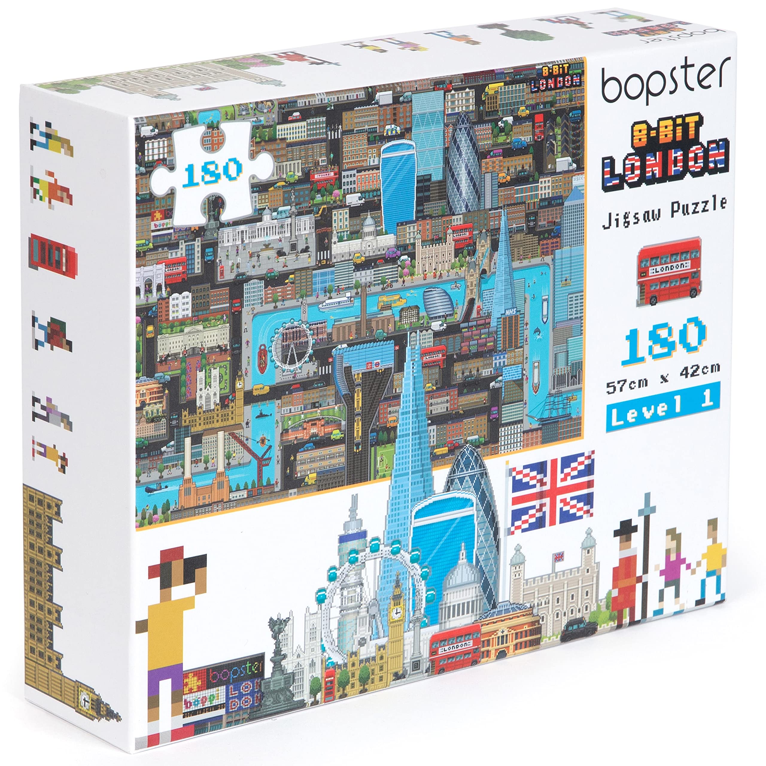 bopster 180pc London Retro Style Jigsaw Puzzle - 8-bit Kids Puzzle Made with 100% Recycled Cardboard - Level 1