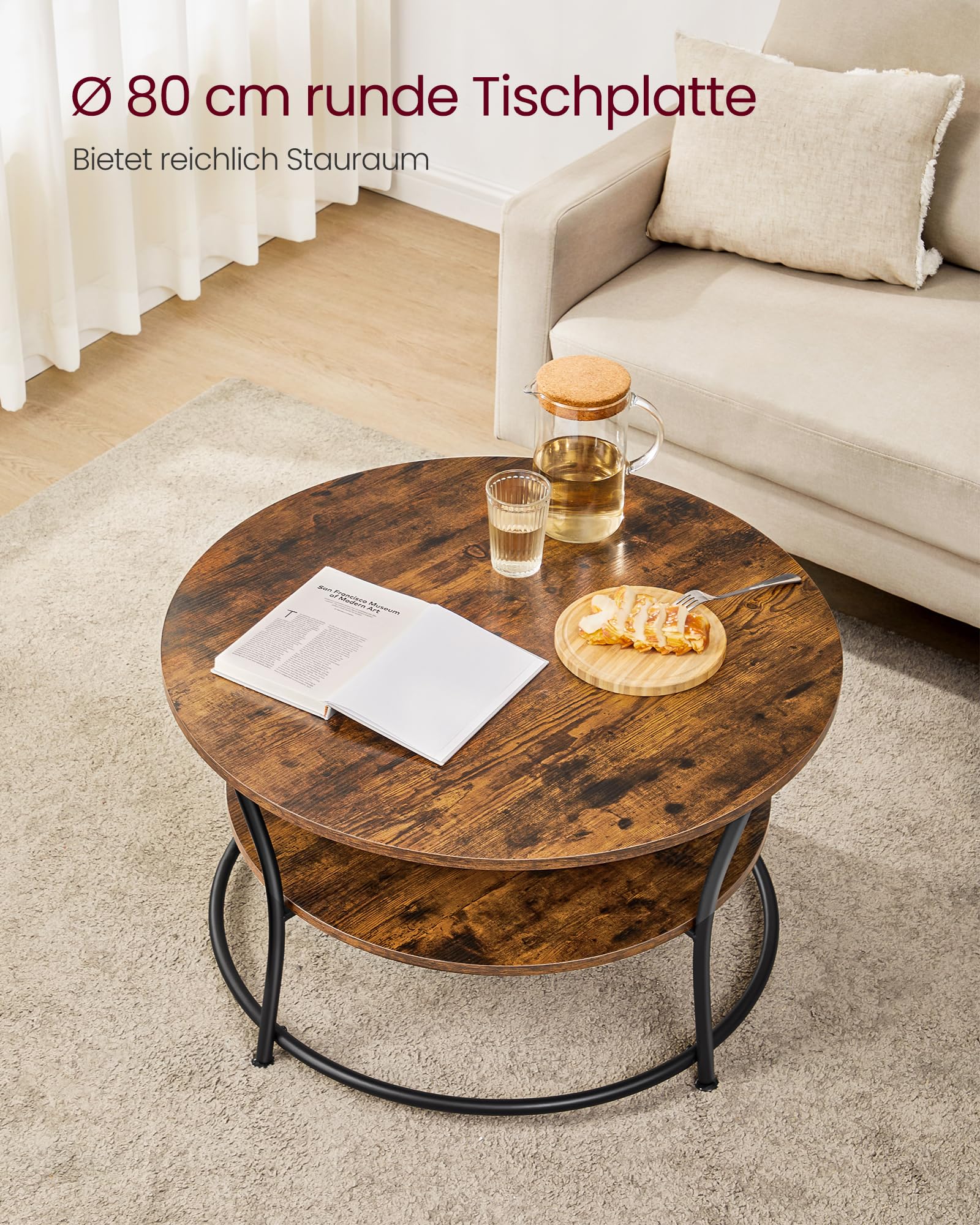 VASAGLE Couchtisch rund, Wohnzimmertisch, Sofatisch mit Ablage, einfacher Aufbau, Metall, Industrie-Design, vintagebraun-tintenschwarz LCT80BX 3