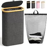 Bathola Slim Laundry Hamper with Lid, 75L Small Laundry Basket, Dark Grey | Dirty Clothes Hamper for Laundry with Handle&amp;Removable Bag, Bamboo Laundry Basket Organizer for Bedroom, Laundry Room, Dorm