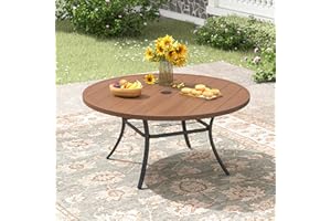ARKOST 53" Patio Dining Table for 8, Round Outdoor Metal Dining Table with Umbrella Hole for Lawn Garden Backyard, Walnut