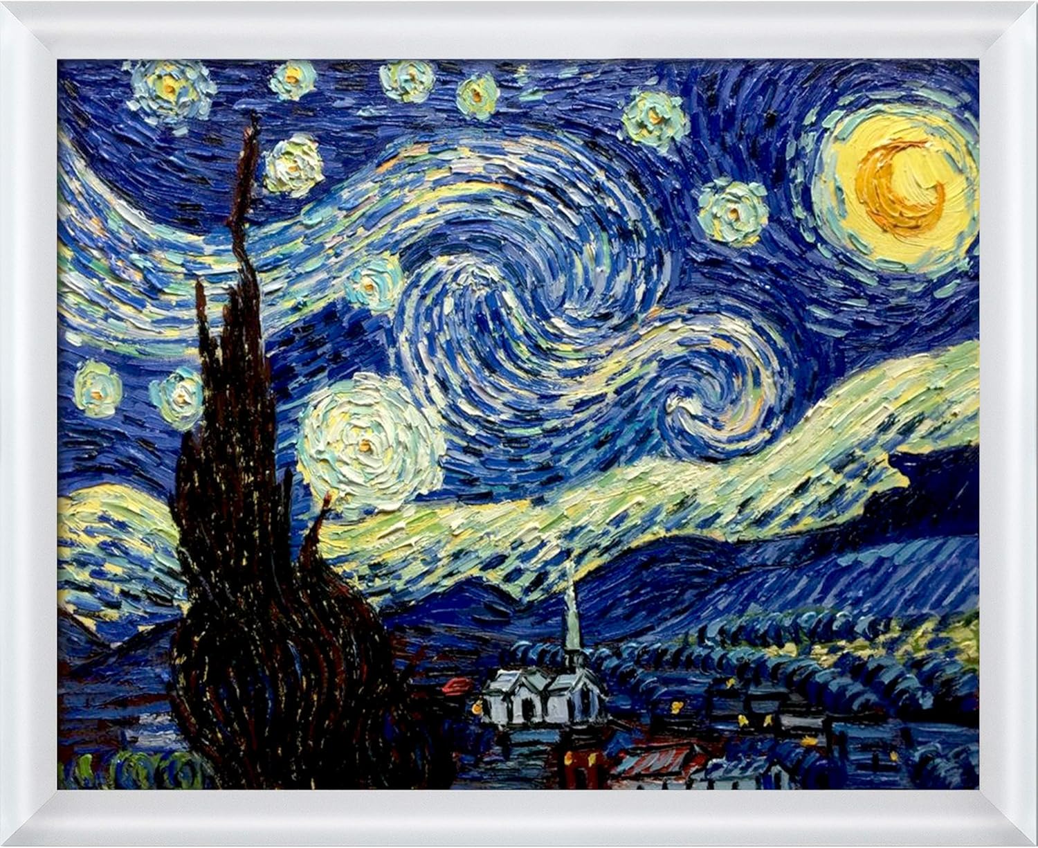 Paintings - overstockArt VG2614-FR-32094116X20 Starry Night with Moderne Blanc Framed Hand Painted Oil Reproduction, 22.75