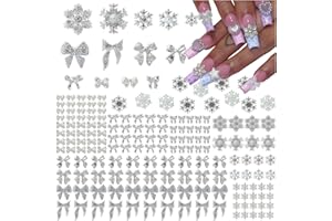 Gehaiwo 206PCS Snowflake Bow Nail Charms for Acrylic Nails， Silver Alloy Nail Accessories,Winter Nail Jewels for Nail Art Supplies DIY Nail Craft