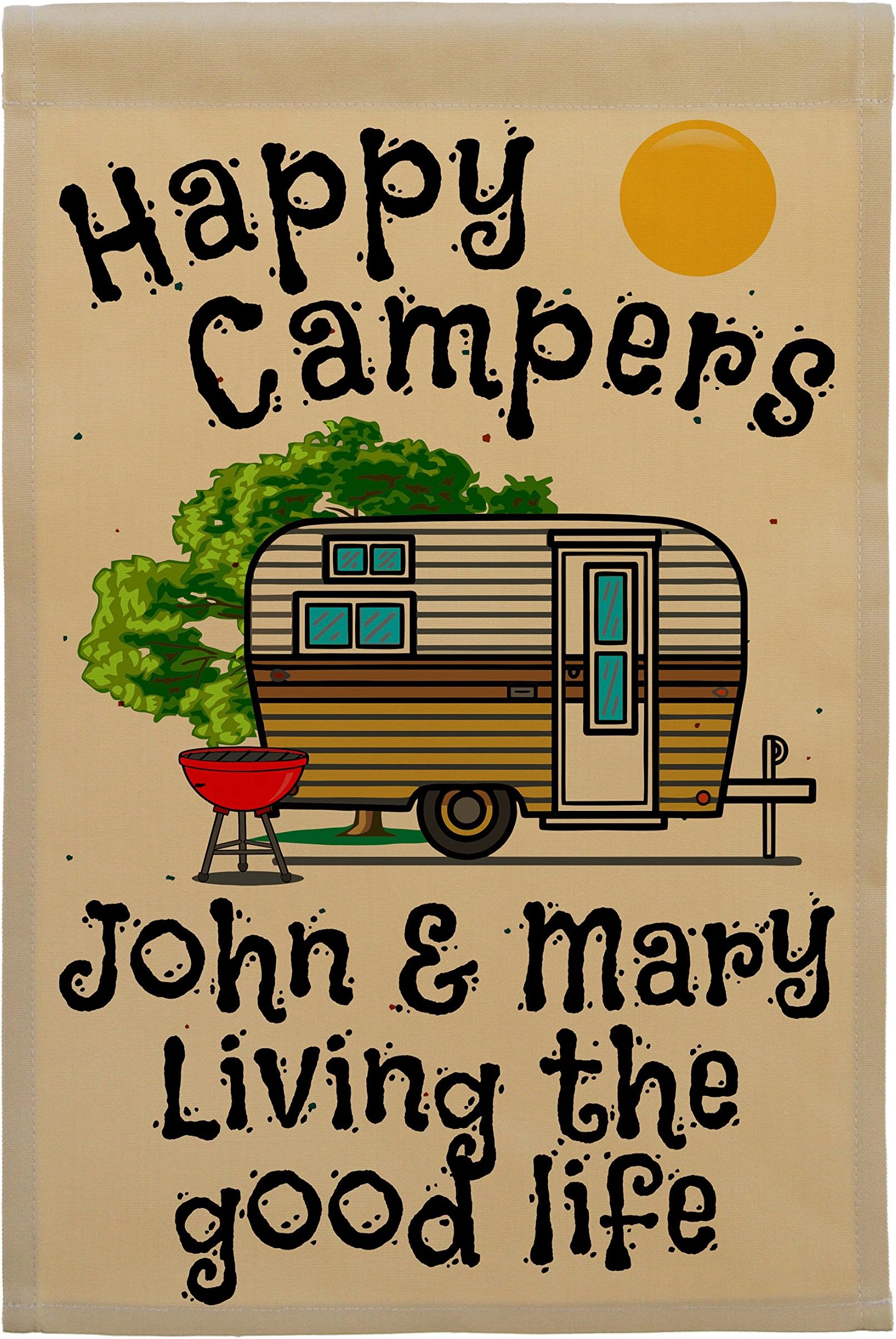 Happy Camper WorldPersonalized Camping Garden Sized Flag, Happy Campers and Vintage Travel Trailer Graphic, with 3 Additional Lines of Custom Text, Printed on Tan Fabric, Brown and Gold Camper