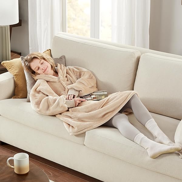 DEGREES OF COMFORT ORIGINAL SHERPA WEARABLE BLANKET HOODIE, OVERSIZED HOODED SWEATSHIRT BLANKETS, ONE BIG SIZE FITS ALL, 38X32 SAND