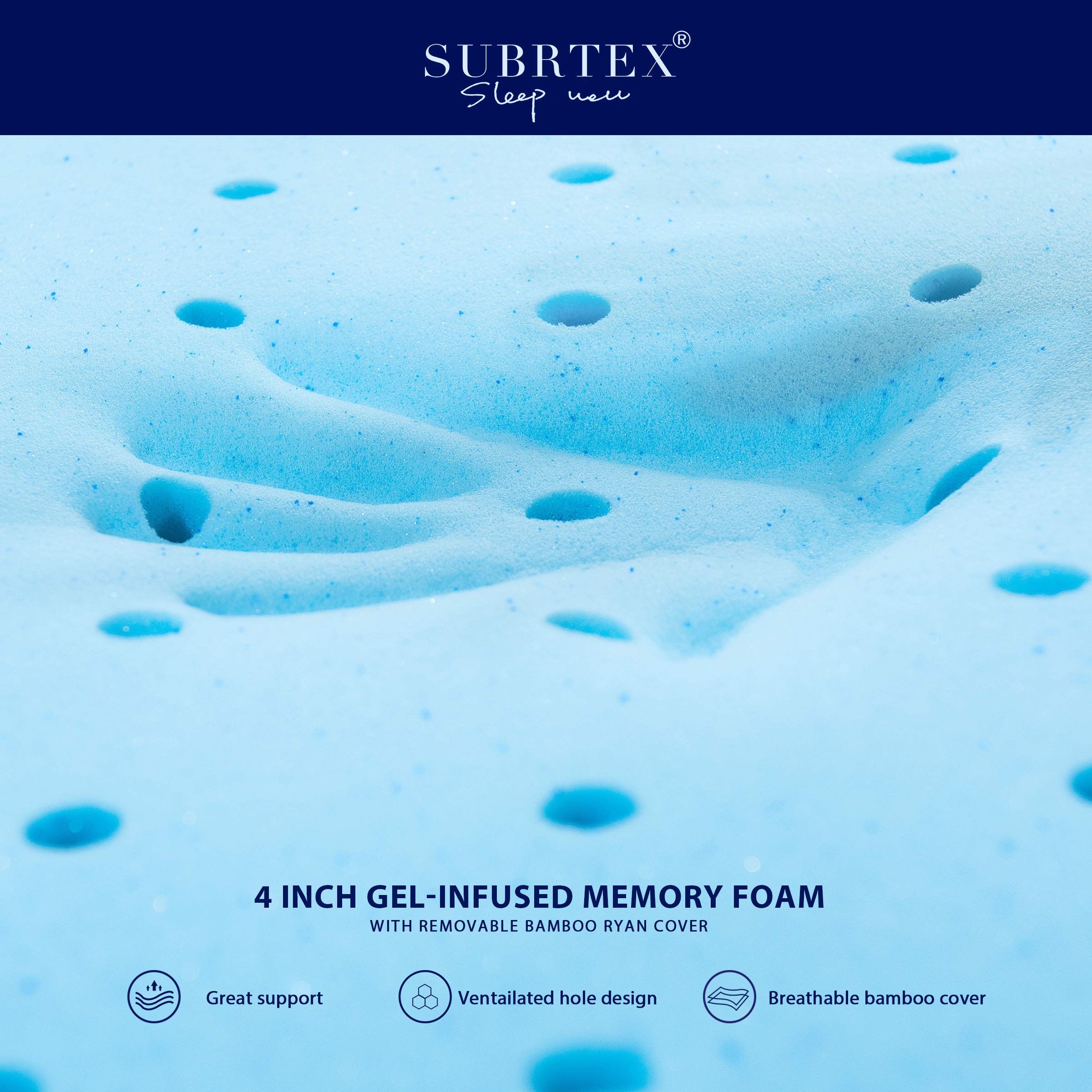 subrtex 4 Inch GelInfused Memory Foam Cooling Bed Pad with Ventilated Design for Pressure