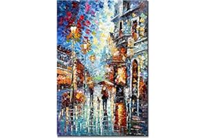 Diathou 24x36Inch Vertical Night Streetscape Oil Painting 100% Hand Painted Wall Art Modern Home Decoration for Livingroom Bedroom Kitchen Diningroom Office