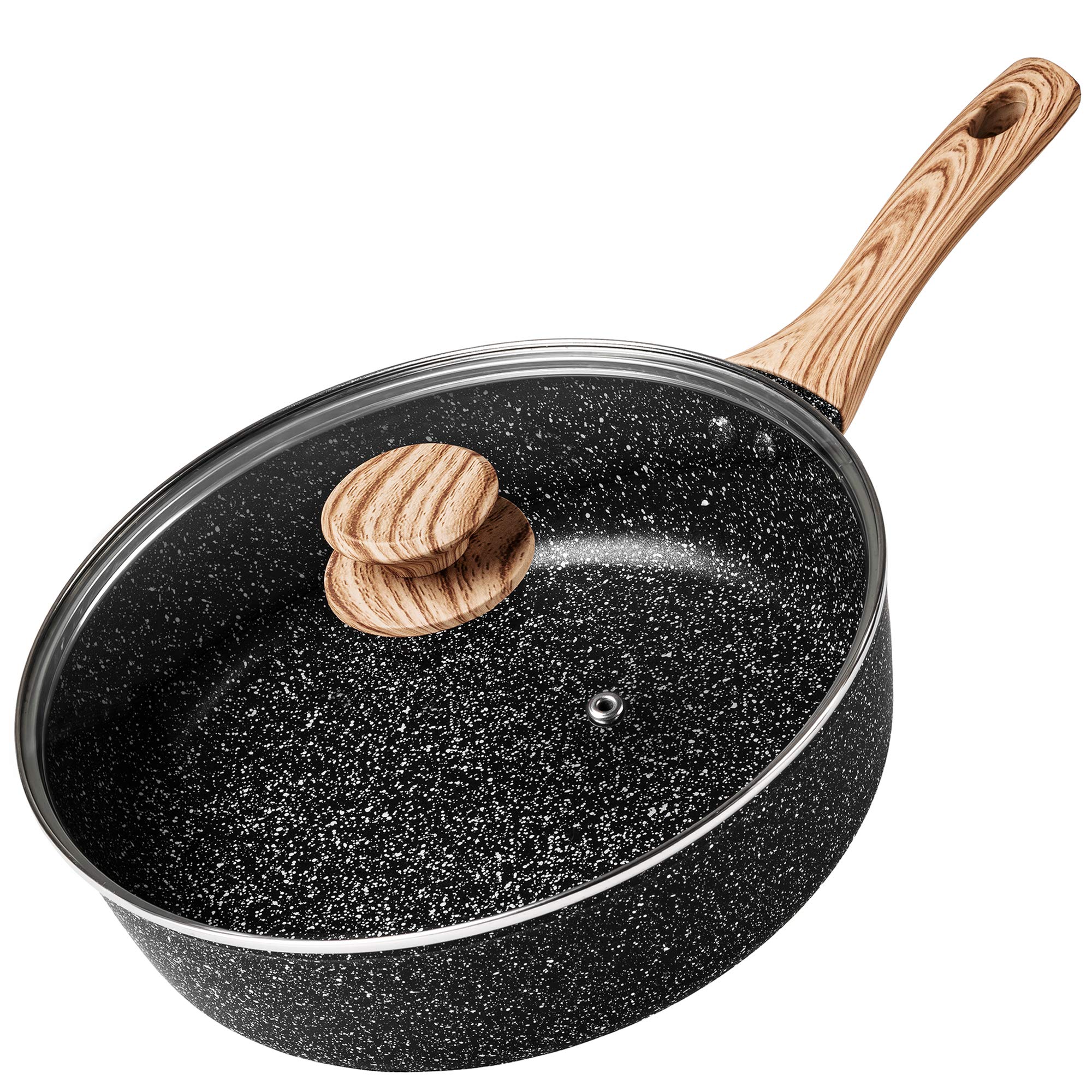 MICHELANGELO Deep Frying Pan 24cm, Non Stick Saute Pan 24 cm, Fry Pan with Lid with Soft Bakelite Handle, Sautepan with Lid, Deep Frying Pans for Induction Hob, Black