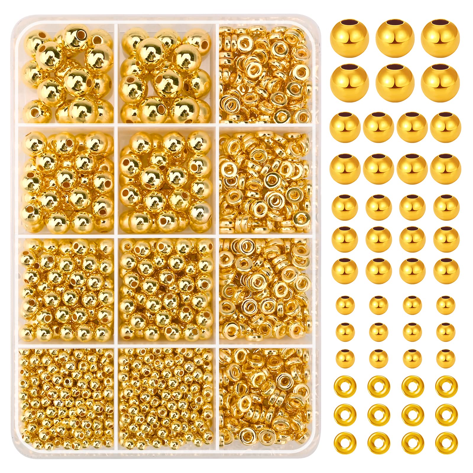1250 Pcs Beads for Jewelry Making, Smooth Flat and Round Spacer Bead with Storage Box, Different Sizes Flat Round Beads for Bracelet, Necklace, Earring, Anklets, DIY Jewellery, Crafts Making (Gold)